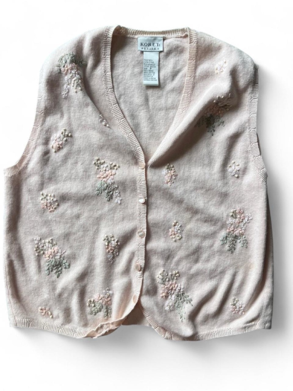 Koret Petites Light Pink Knit V-Neck Vest with Floral Detail